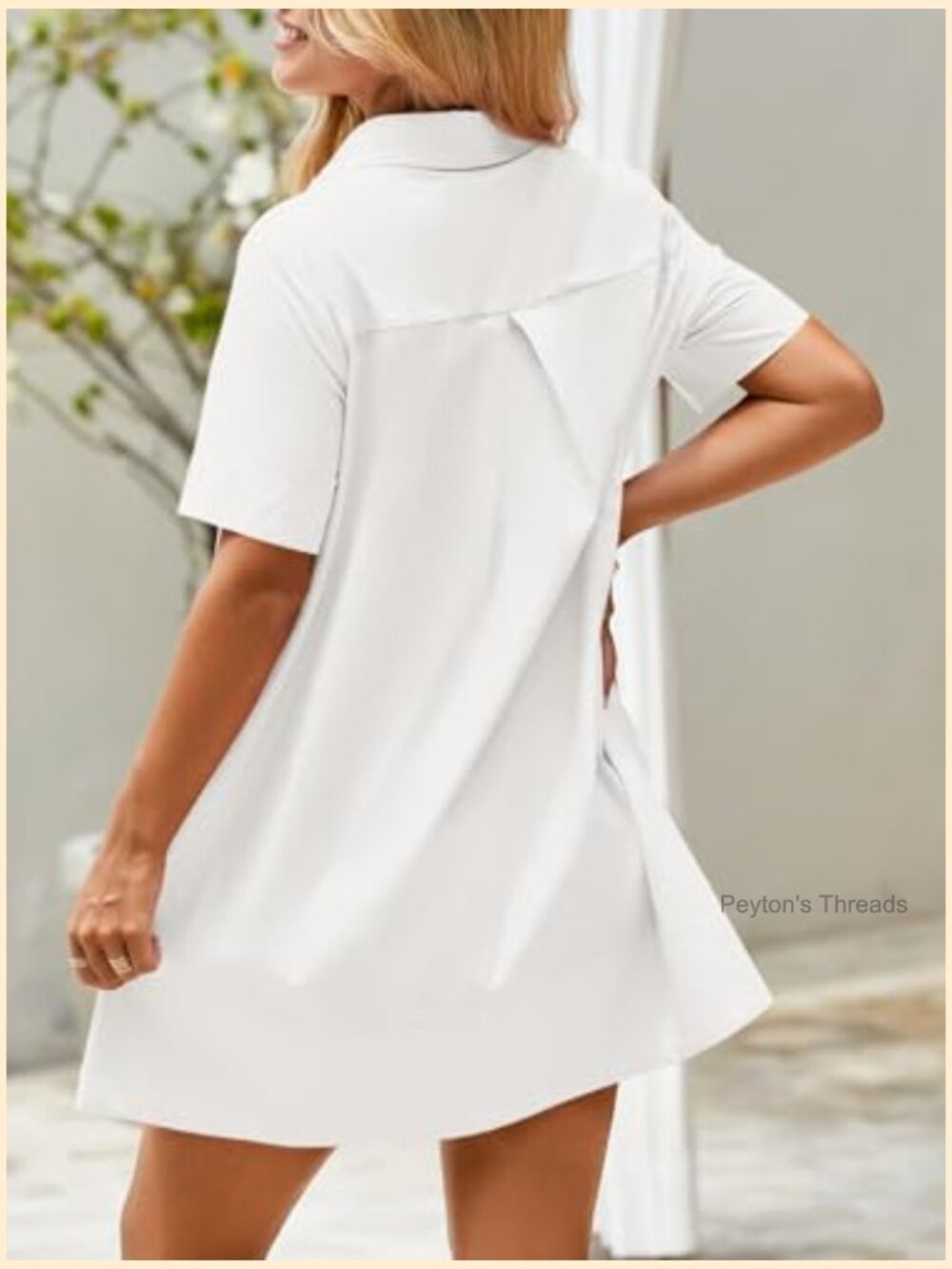 Oversized Button Mini Dress Short Sleeve Collared V Neck Summer Flow - Picture 5 of 7